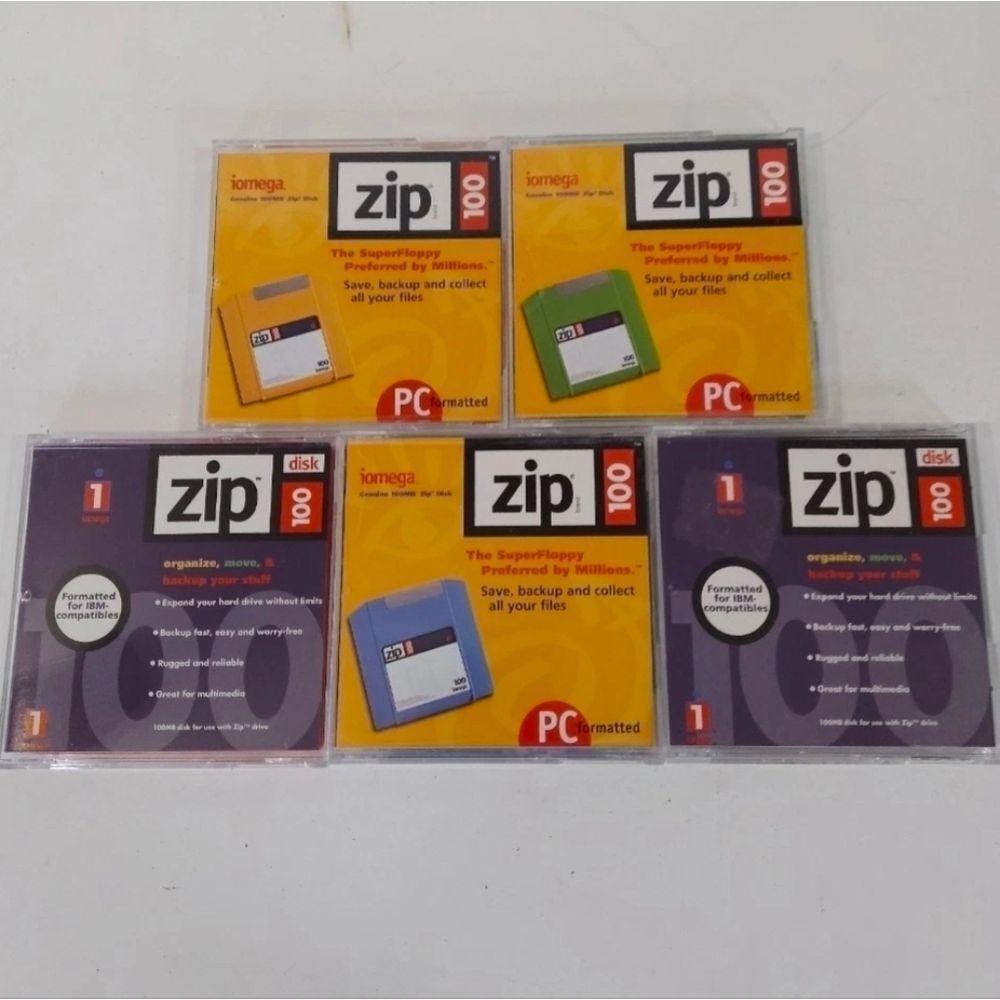 Zip Disks Lot Of Five 100mb for PC or MAC Data Storage Blank Media File Discs